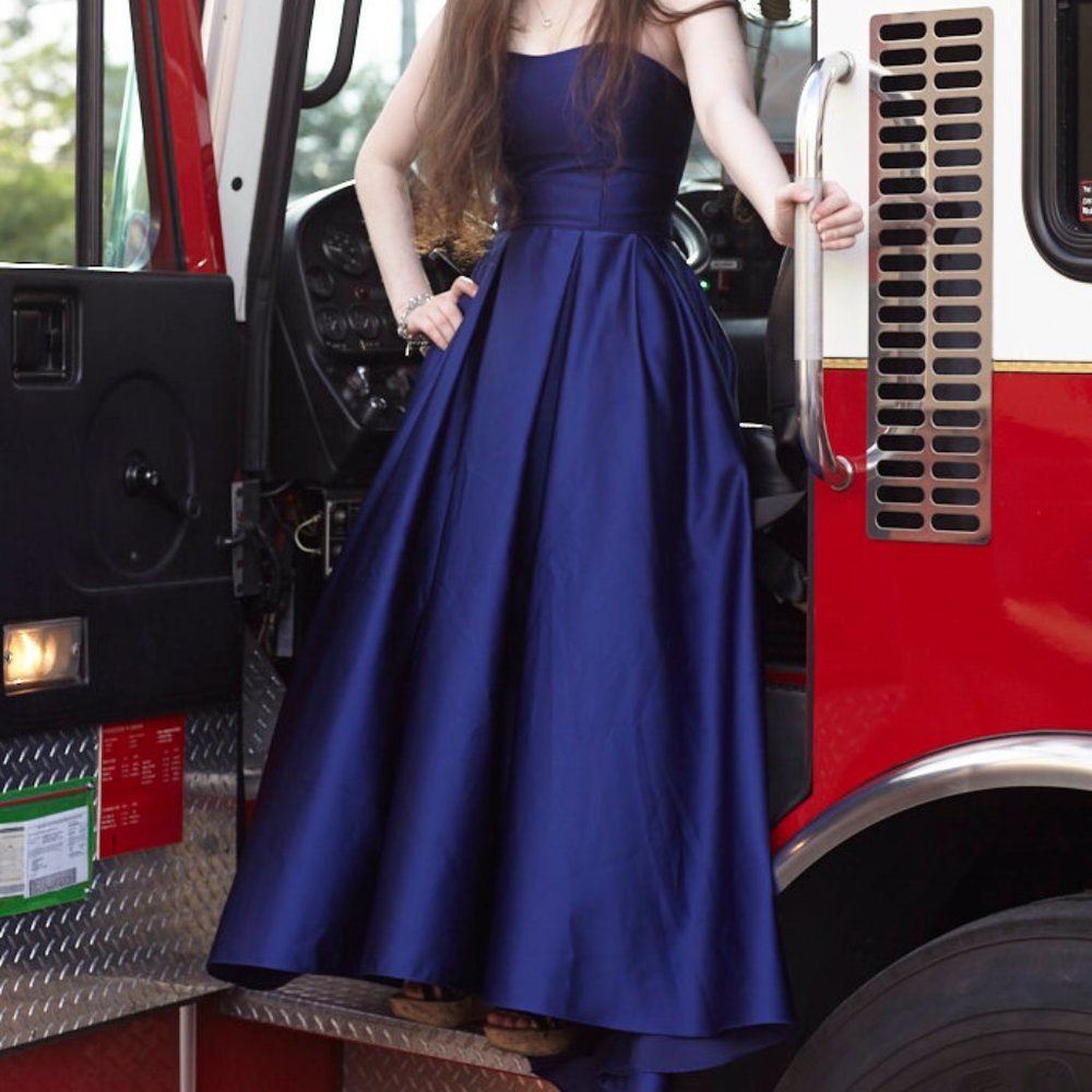 Betsy & Adam Royal Blue Strapless Hi-Low Ball Gown